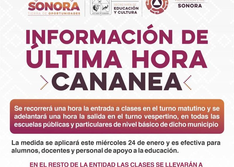 Cananea tendrá modificación de horario de clases este miércoles 24 de enero: SEC Sonora