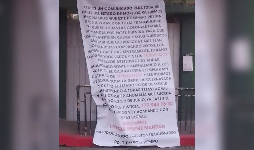 Aparecen narcomantas en Morelos con amenazas electorales