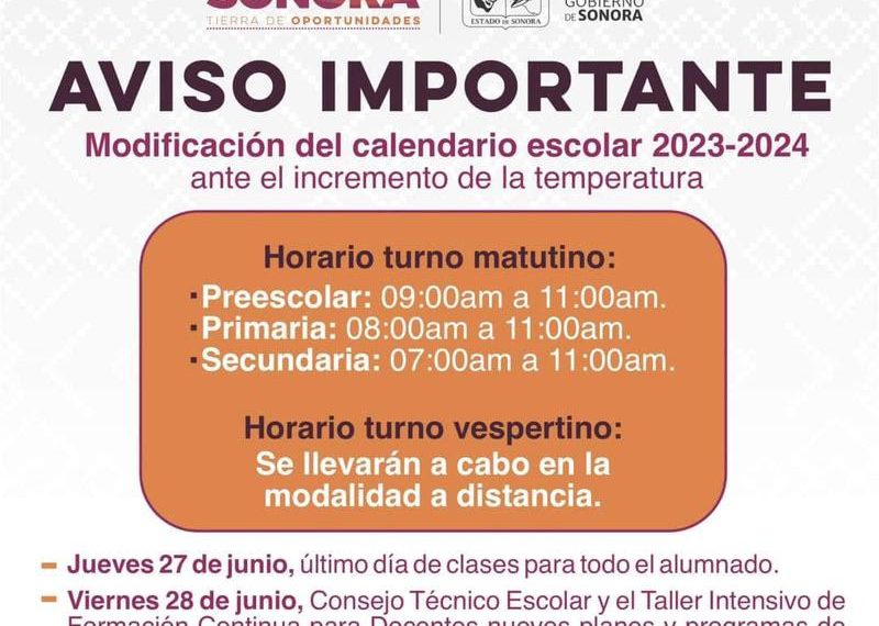 Anuncia Gobierno de Sonora modificación del calendario escolar ante las altas temperaturas