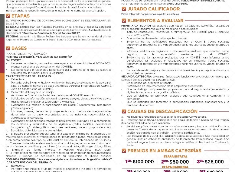 Convocan al XVII premio de Contraloría Social Sonora 2024