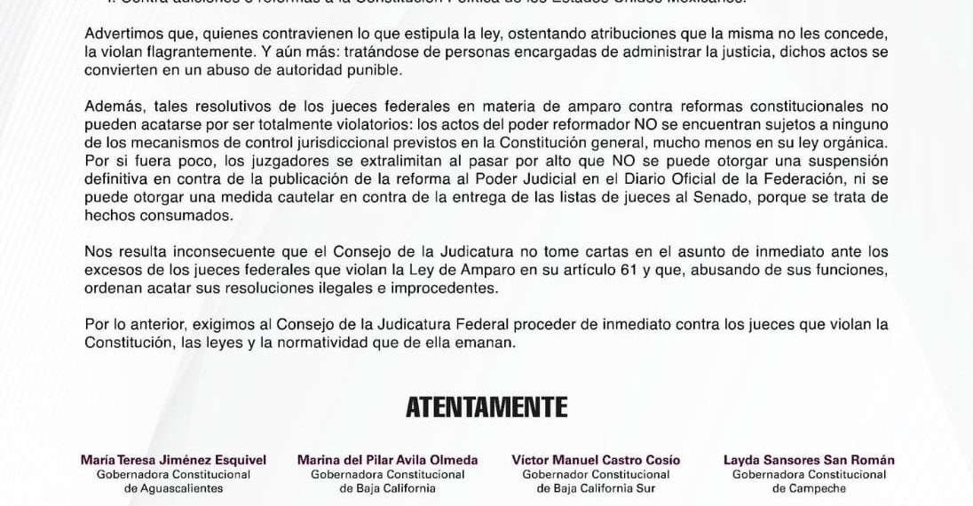 Indignados contra jueces, gobernadores de Morena cierran filas con Sheinbaum
