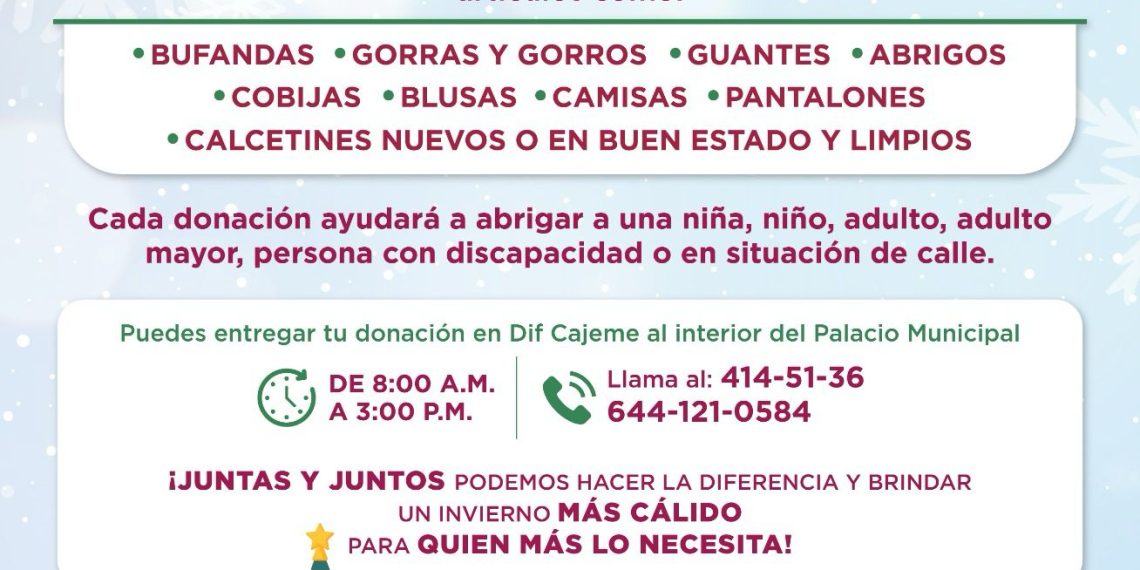 Invita DIF Cajeme a participar en campaña invernal “Abriga un Corazón”