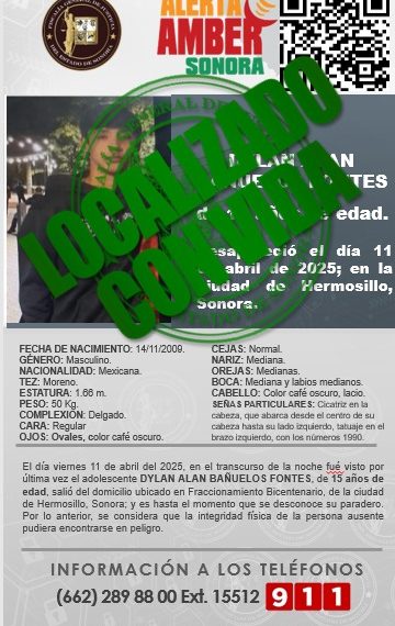 Localizado con vida menor reportado como desaparecido en Hermosillo