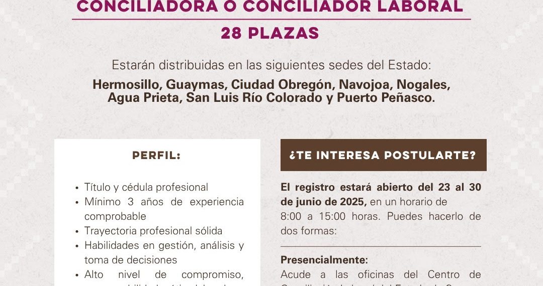 Publica Gobierno de Sonora bases para convocatoria de personas conciliadoras laborales