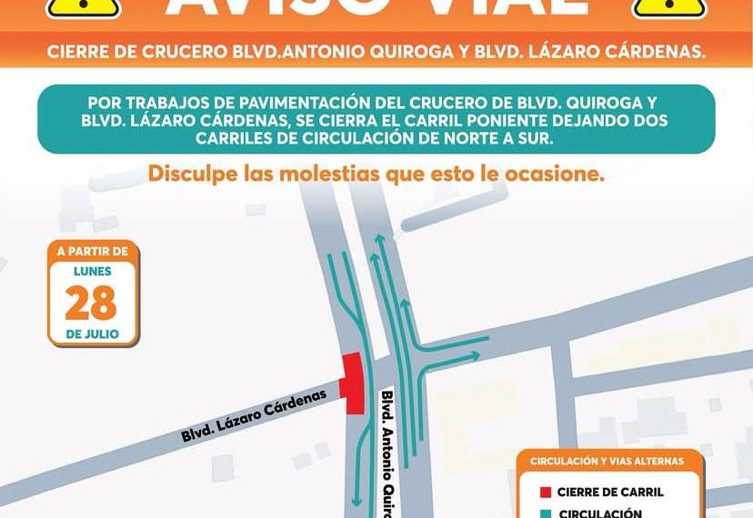 Por inicio de obras cerrarán el carril poniente de Quiroga y Cárdenas a partir de este lunes 28