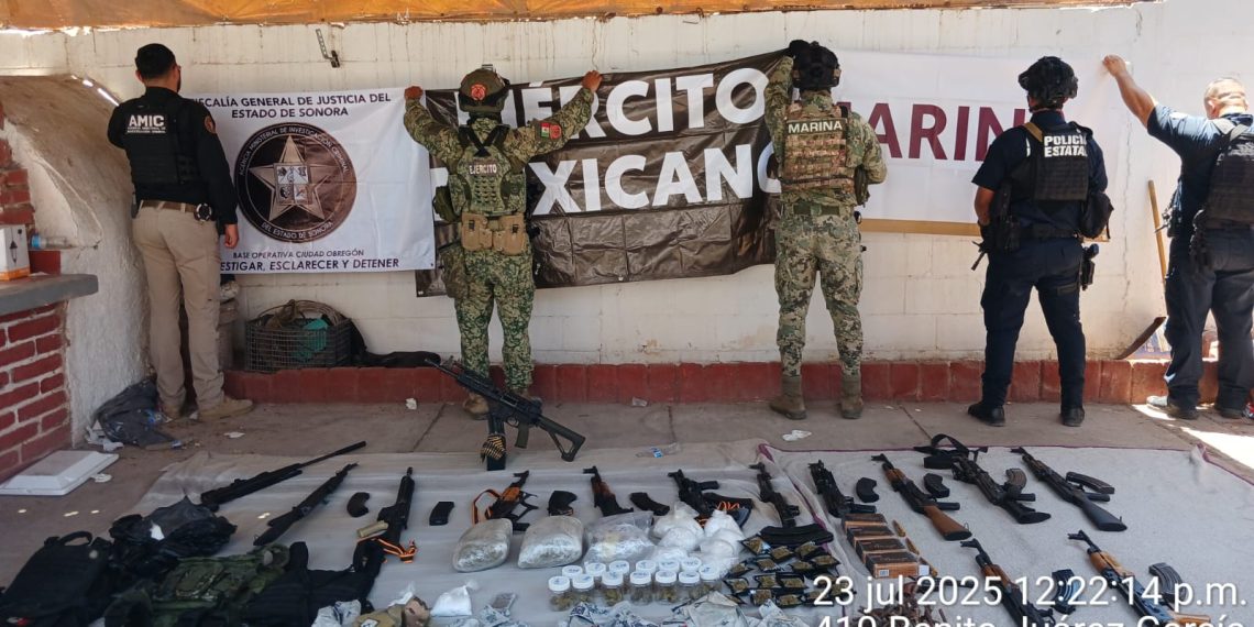 Personal del Ejército Mexicano aseguró un arsenal, droga, vehículos y un inmueble en Cd. Obregón