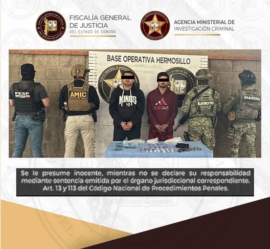 En cateo, AMIC detiene a dos hombres, aseguran drogas y arma de fuego en Hermosillo