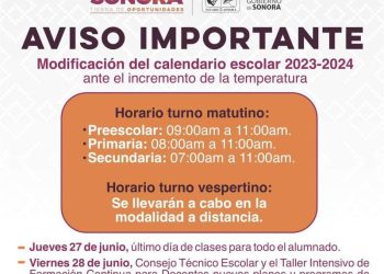 Anuncia Gobierno de Sonora modificación del calendario escolar ante las altas temperaturas