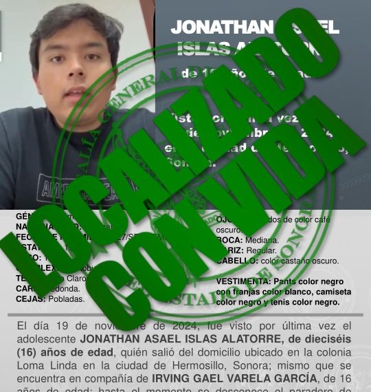 Operativo interinstitucional localiza a menor desaparecido en Hermosillo