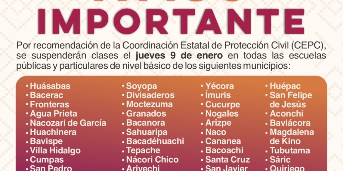 Anuncia SEC Sonora suspensión de clases por bajas temperaturas en 41 municipios de la entidad