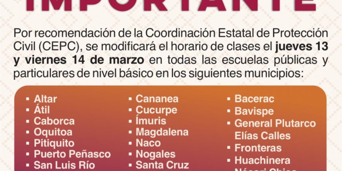 Anuncia SEC Sonora modificación de horario de clases por bajas temperaturas