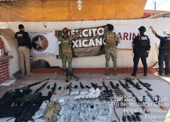 Personal del Ejército Mexicano aseguró un arsenal, droga, vehículos y un inmueble en Cd. Obregón