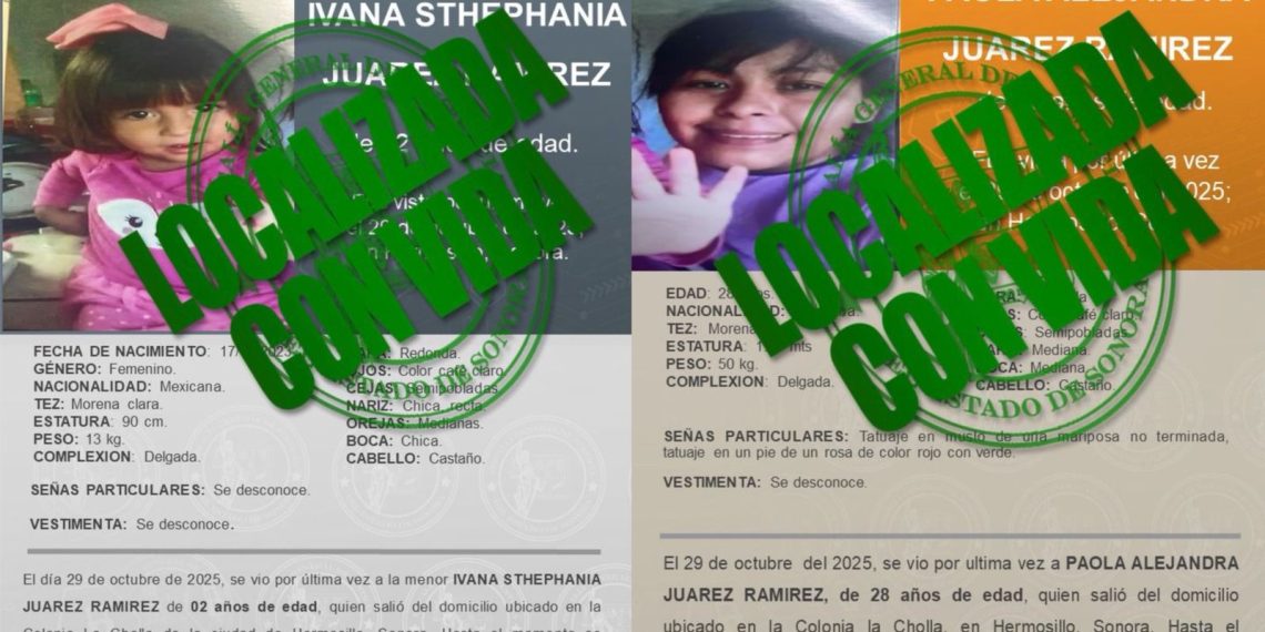 FGJES en coordinación con PESP localiza sanas y salvas a madre e hija reportadas como ausentes ayer 24 de noviembre en Hermosillo