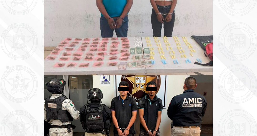 Operativos conjuntos en Cajeme y Nogales dejan cuatro detenidos, narcóticos y un arma de fuego asegurados
