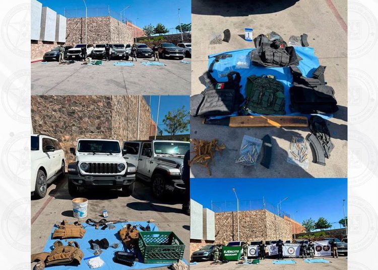 Aseguran Guardia Nacional, DEFENSA, SSPC, PESP y FGJES armas, cartuchos, vehículos y droga durante cateo en Nogales
