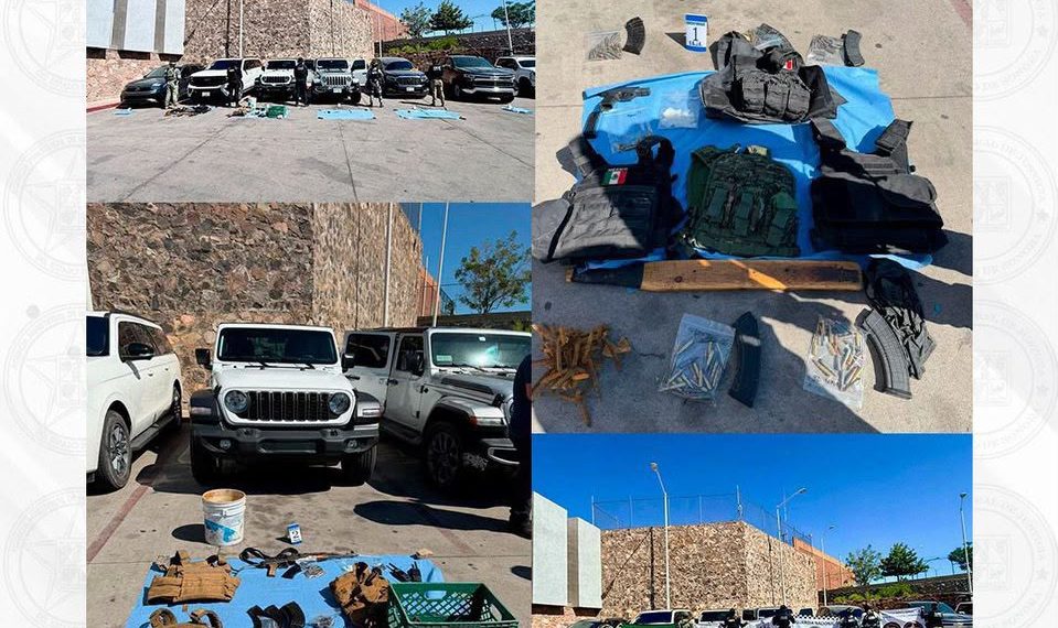 Aseguran Guardia Nacional, DEFENSA, SSPC, PESP y FGJES armas, cartuchos, vehículos y droga durante cateo en Nogales