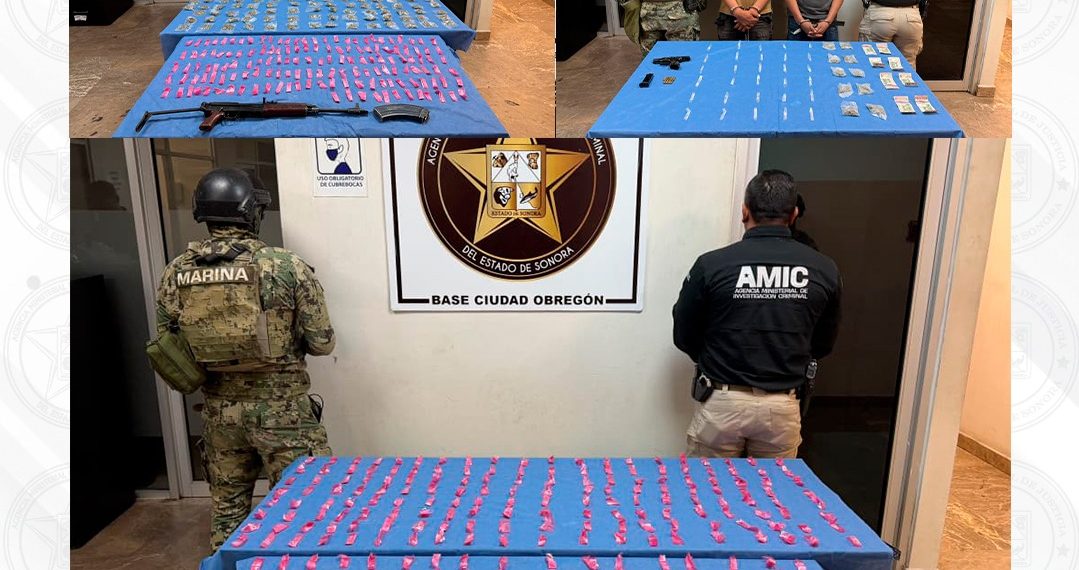 Operativos coordinados de FGJES, AMIC, DEFENSA y SEMAR dejan cuatro detenidos, armas y más de 670 dosis de drogas aseguradas en Cajeme