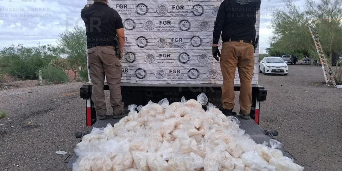 FGR asegura más de 196 kilos de metanfetamina ocultos en camión de paquetería en Sonora