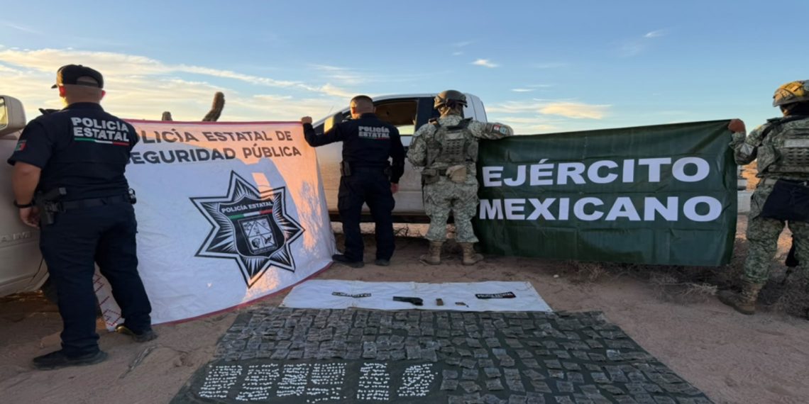 Operativo coordinado de PESP y Defensa asegura narcótico y arma en Caborca