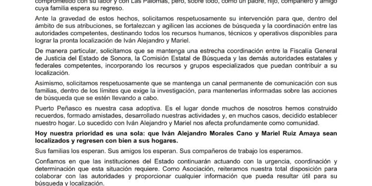 Exigen acción urgente para localizar a dos personas desaparecidas en Puerto Peñasco