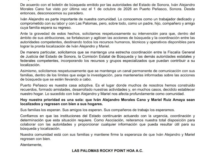 Exigen acción urgente para localizar a dos personas desaparecidas en Puerto Peñasco