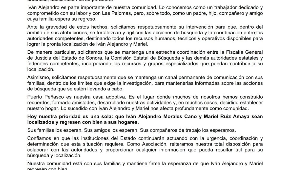 Exigen acción urgente para localizar a dos personas desaparecidas en Puerto Peñasco